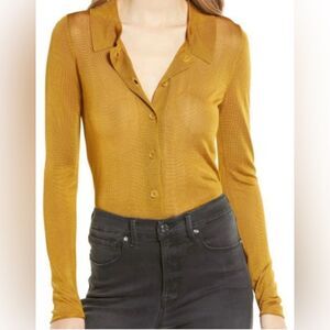 Good American sheer button front long sleeve golden polo